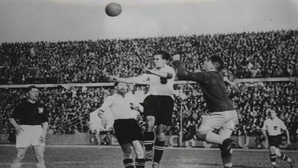 1936 European Cup: Austria - Czechoslovakia,  František Plánička kicks the ball out in front of Austrian players | Photo: e-Sbírky,  National Museum,  CC BY-NC-ND 4.0 DEED