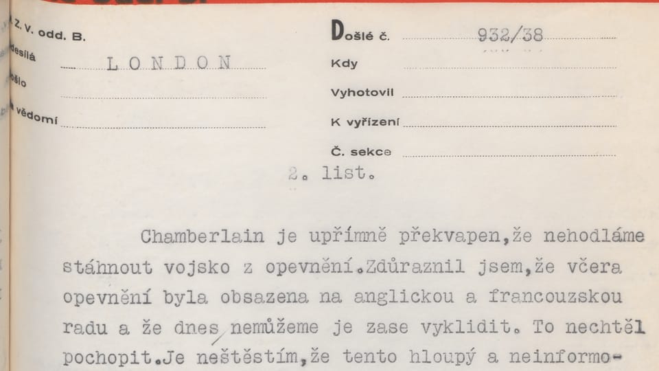 A telegram from Jan Masaryk dated 25.9. about the course of negotiations with Prime Minister Chamberlain,  in which Masaryk refused Hitler's demands in the Godesberg Memorandum | Photo: Czech Foreign Ministry