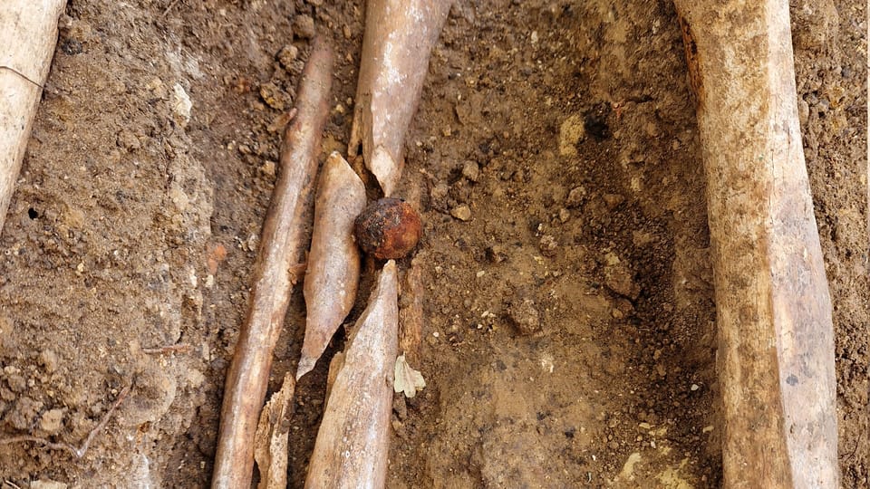 Broken tibia after being hit by a projectile | Photo: National Heritage Institute, CC BY-NC-ND 3.0 CZ Broken tibia after being hit by a projectile | Photo: National Heritage Institute, CC BY-NC-ND 3.0 CZ